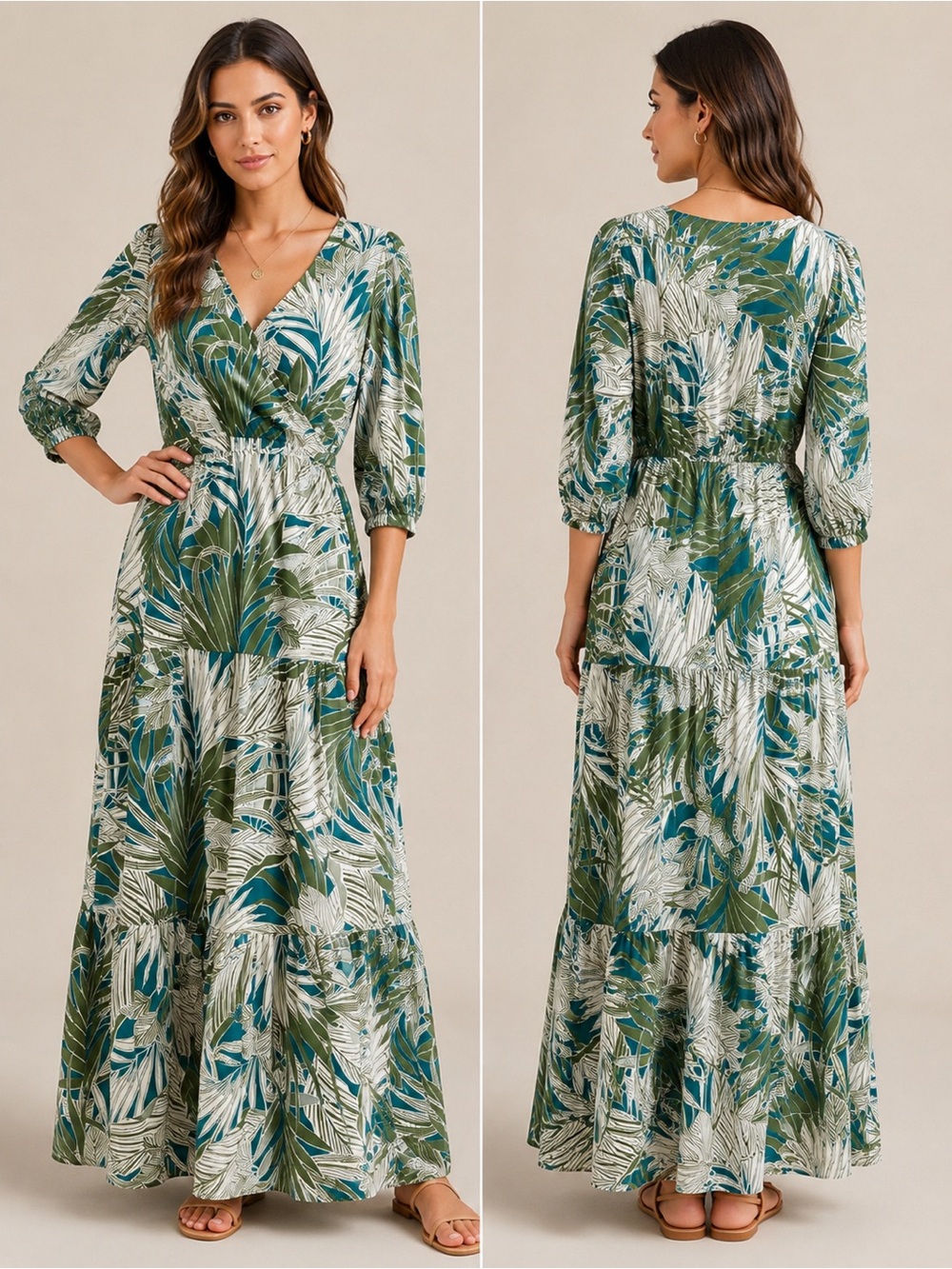 Molly Bracken Tropical Leaf Print Boho Resort Vacation Maxi Wrap Dress Medium - Picture 1 of 8